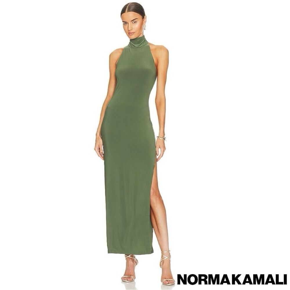 Norma Kamali **NWT** Halter Turtleneck Side Slit Midi Dress in Celadon